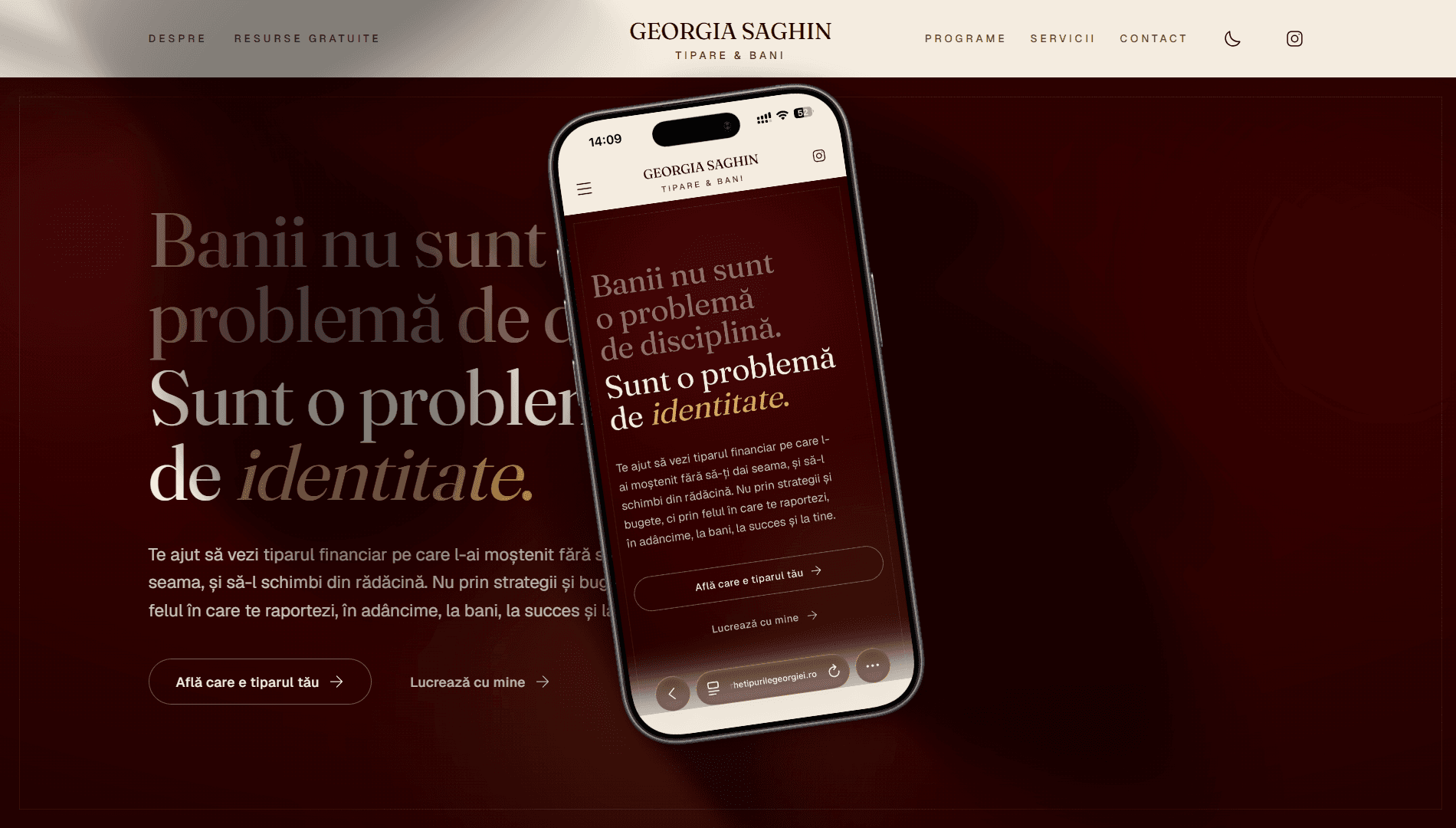 Site-ul Georgia Saghin (Tipare & Bani), pe desktop și pe telefon